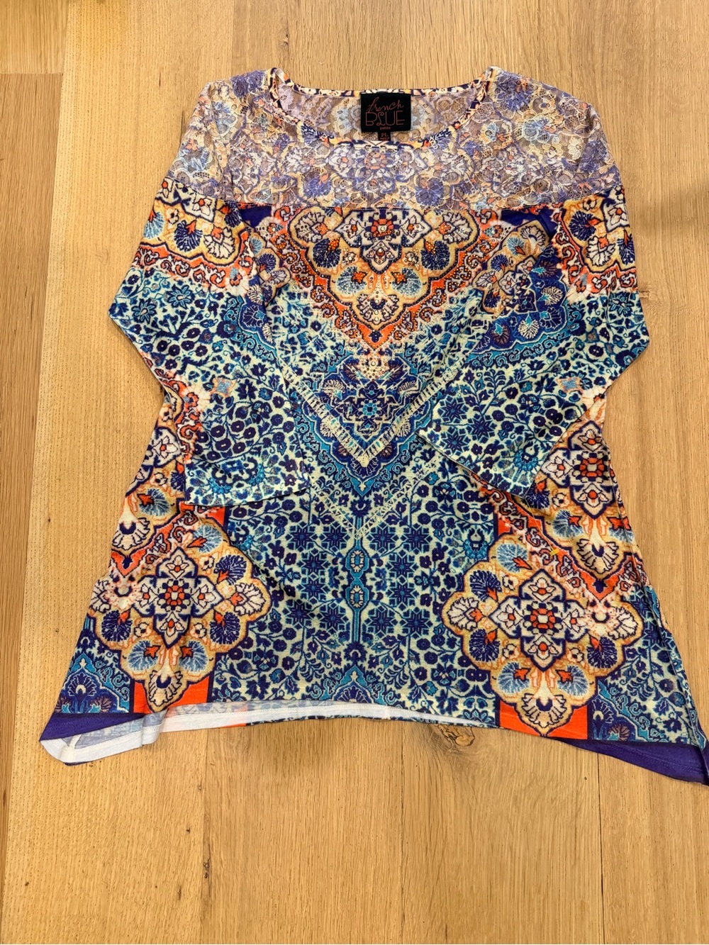 French Blue Petite Y2K Boho Paisley Lace Tunic Top Size PL